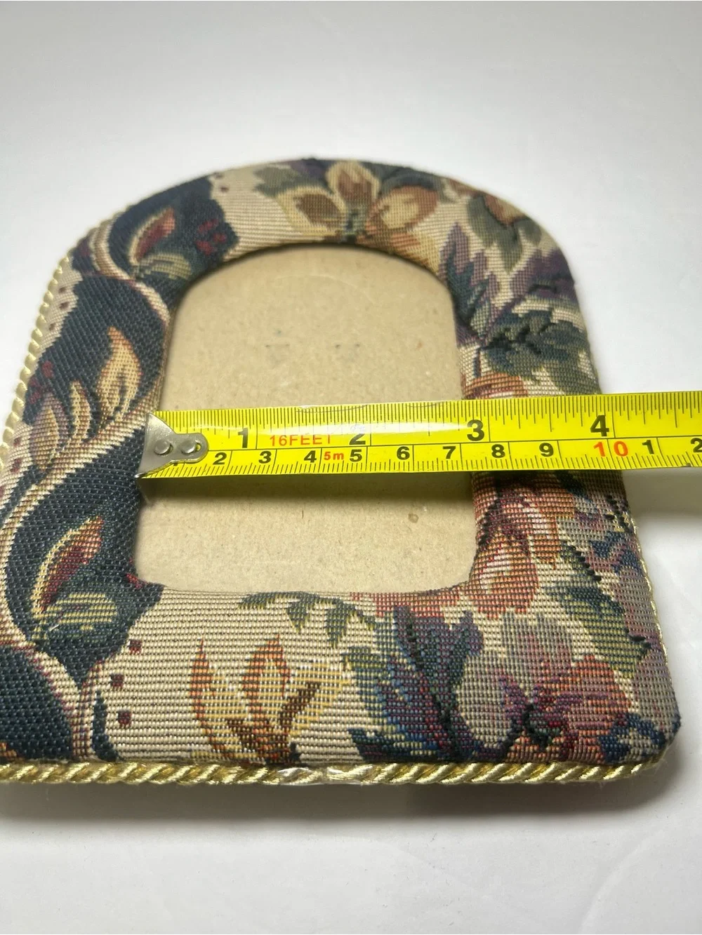 Vintage Floral Tapestry Picture Frame W/ Arched Top Twisted Gold-Tone Cord Trim